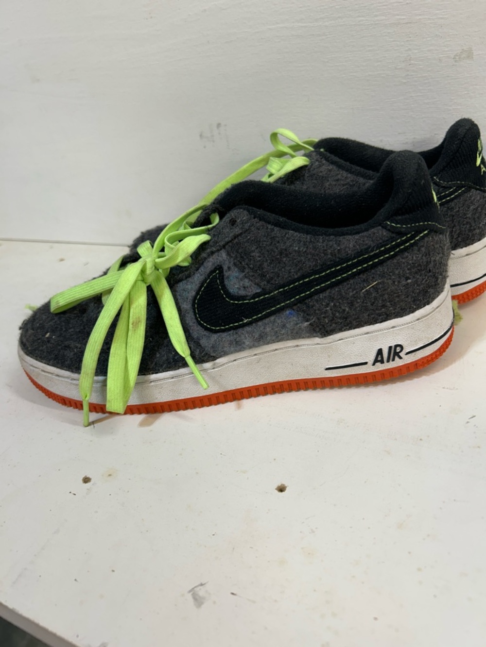 Nike Air Force 1 Low Gray Wool Sneakers with Neon Green Laces and Orange Outsole